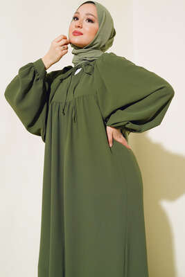 Yakası Bağlamalı Balon Kol Elbise Haki - Elbise