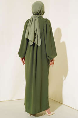 Yakası Bağlamalı Balon Kol Elbise Haki - Elbise