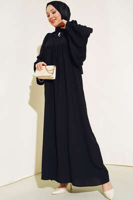 Yakası Bağlamalı Balon Kol Elbise Siyah 