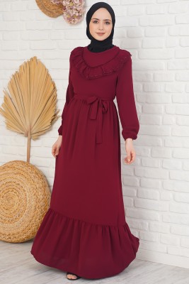 Yakası Dantel Detaylı Kemerli Bordo Elbise