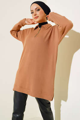 Yakası Fermuarlı Burgu Tunik Camel 