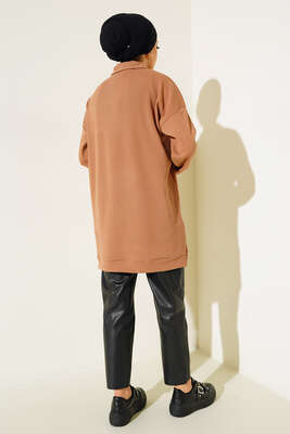 Yakası Fermuarlı Burgu Tunik Camel - Tunik