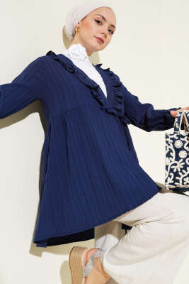 Yakası Fırfırlı Bürümcük Kimono Lacivert