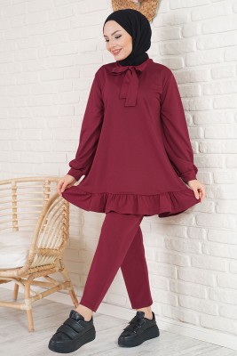Yakası Fularlı Bordo İkili Takım