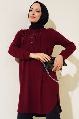 Yakası Taşlı Düğmeli Tunik Bordo 