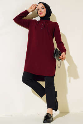 Yakası Taşlı Düğmeli Tunik Bordo - Tunik