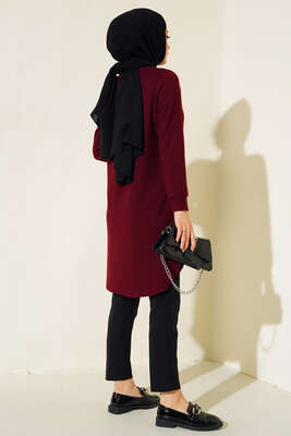 Yakası Taşlı Düğmeli Tunik Bordo - Tunik