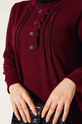 Yakası Taşlı Düğmeli Tunik Bordo - Tunik