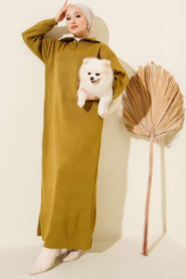 Yakası Yarım Fermuarlı Triko Elbise Yağ Yeşili - KILIÇ TRİKO