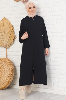 Yan Cepli Fermuarlı Siyah Kap