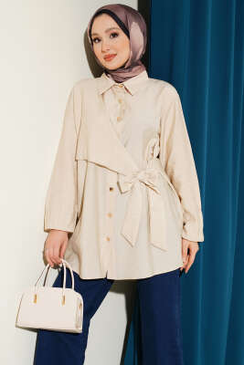 Yan Parça Bağlamalı Salaş Gömlek Bej 