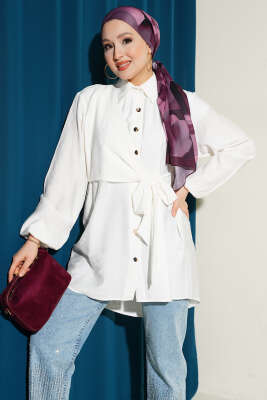 Yan Parça Bağlamalı Salaş Gömlek Ekru 