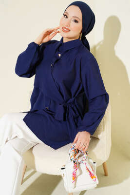 Yan Parça Bağlamalı Salaş Gömlek Lacivert 