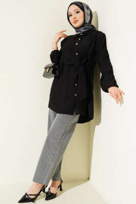 Yan Parça Bağlamalı Salaş Gömlek Siyah - Gömlek