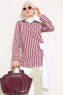 Yandan Bağlamalı Çizgili Kimono Bordo - SAS