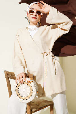 Yandan İp Bağlamalı Kimono Bej 
