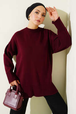 Yanı Yırtmaçlı Oversize Triko Tunik Bordo 