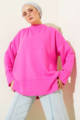 Yanı Yırtmaçlı Oversize Triko Tunik Fuşya 