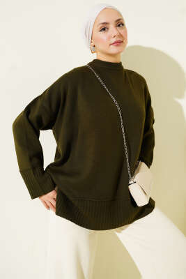 Yanı Yırtmaçlı Oversize Triko Tunik Haki 