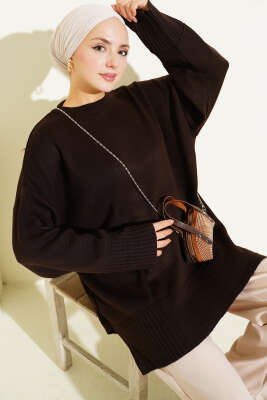 Yanı Yırtmaçlı Oversize Triko Tunik Kahve - Tunik