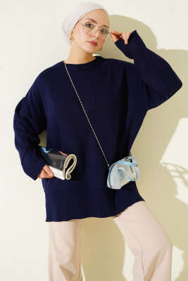 Yanı Yırtmaçlı Oversize Triko Tunik Lacivert 