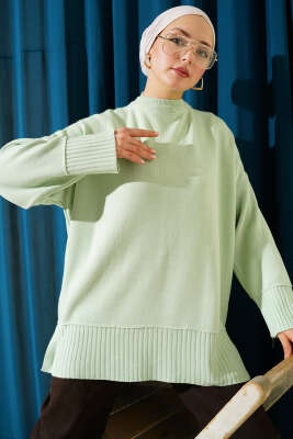 Yanı Yırtmaçlı Oversize Triko Tunik Mint 