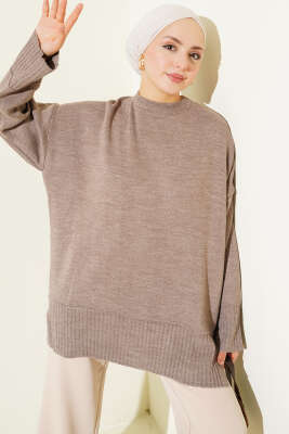 Yanı Yırtmaçlı Oversize Triko Tunik Vizon 