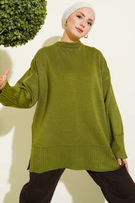 Yanı Yırtmaçlı Oversize Triko Tunik Yağ Yeşili 