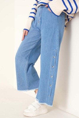 Yanları Çıtçıtlı Püsküllü Açık Mavi Kot Pantolon 