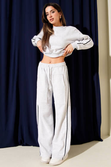 Yanları Şeritli Üç İplik Sweatli İkili Takım Melanj Gri - Kadın Giyim Modelleri