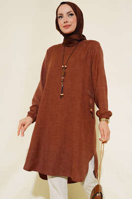 Yanları Taş Detaylı Tunik Kahve - Tunik