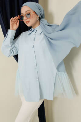 Yanları Tüllü Çift Yaka Gömlek Bebe Mavi 