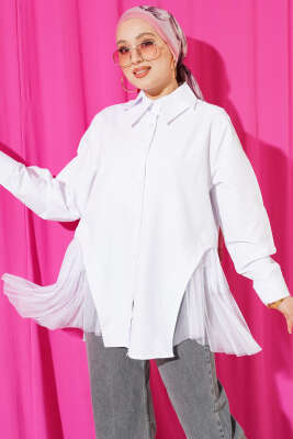 Yanları Tüllü Çift Yaka Gömlek Beyaz - DESTİNA