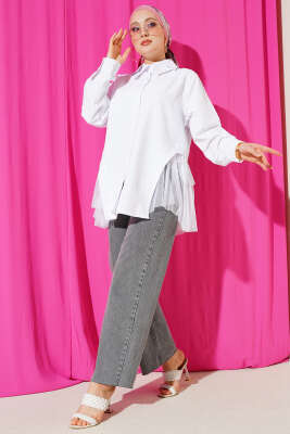 Yanları Tüllü Çift Yaka Gömlek Beyaz - Gömlek