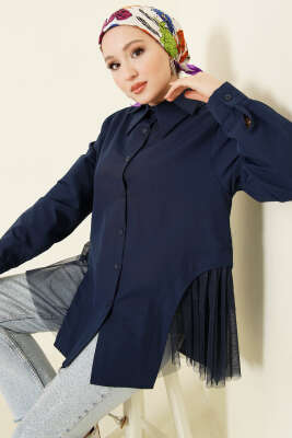 Yanları Tüllü Çift Yaka Gömlek Lacivert 