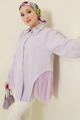 Yanları Tüllü Çift Yaka Gömlek Lila 