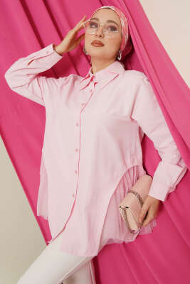 Yanları Tüllü Çift Yaka Gömlek Pembe 