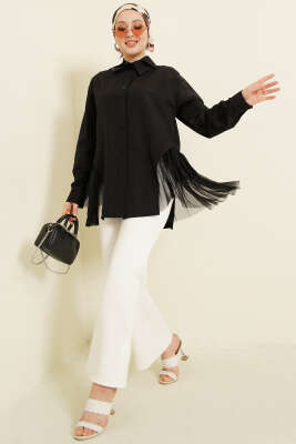 Yanları Tüllü Çift Yaka Gömlek Siyah 