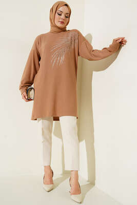 Yaprak Parlak Taşlı Tunik Camel - Tunik