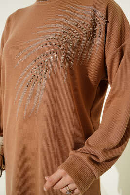 Yaprak Parlak Taşlı Tunik Camel - Tunik