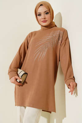 Yaprak Parlak Taşlı Tunik Camel 