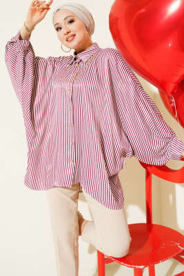 Yarasa Kol Çizgili Oversize Gömlek Bordo 