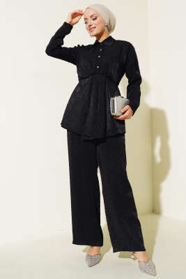Yarım Düğmeli Parlak İkili Takım Siyah