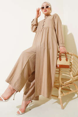 Yarım Düğmeli Uzun İkili Takım Latte