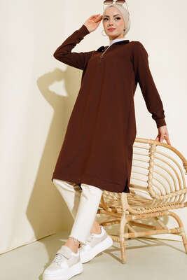 Yarım Fermuarlı Basıc Uzun Tunik Kahve 