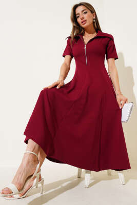 Yarım Fermuarlı Kısa Kol Elbise Bordo - Kadın Giyim Modelleri