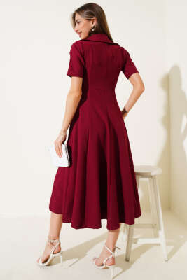 Yarım Fermuarlı Kısa Kol Elbise Bordo - Kadın Giyim Modelleri