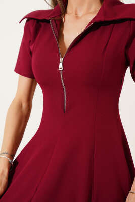 Yarım Fermuarlı Kısa Kol Elbise Bordo - Kadın Giyim Modelleri