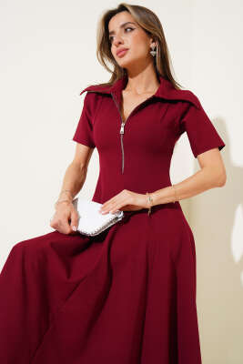 Yarım Fermuarlı Kısa Kol Elbise Bordo - Kadın Giyim Modelleri