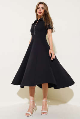 Yarım Fermuarlı Kısa Kol Elbise Siyah 